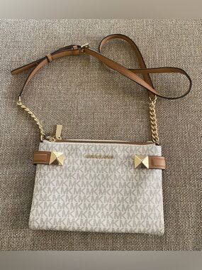 Michael Kors Cream Signature Crossbody with Brown Trim and Gold Accents